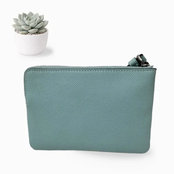 COACH Seafoam Green Blue Pebbled Leather Zip Wristlet Purse - Picture 2 of 5